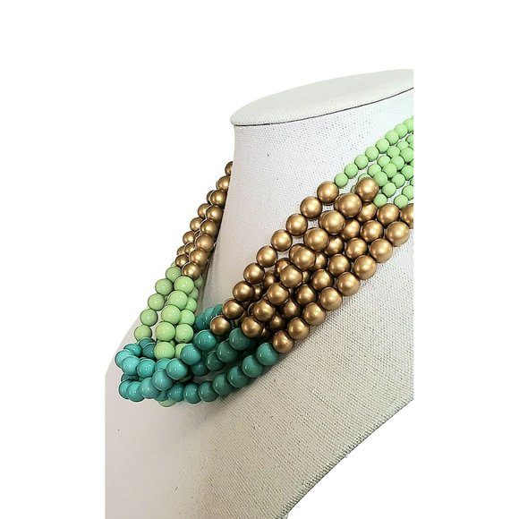 Vintage Multi-Strand Beaded Turquoise Gold Lime Green Criss Cross Necklace - Picture 4 of 5